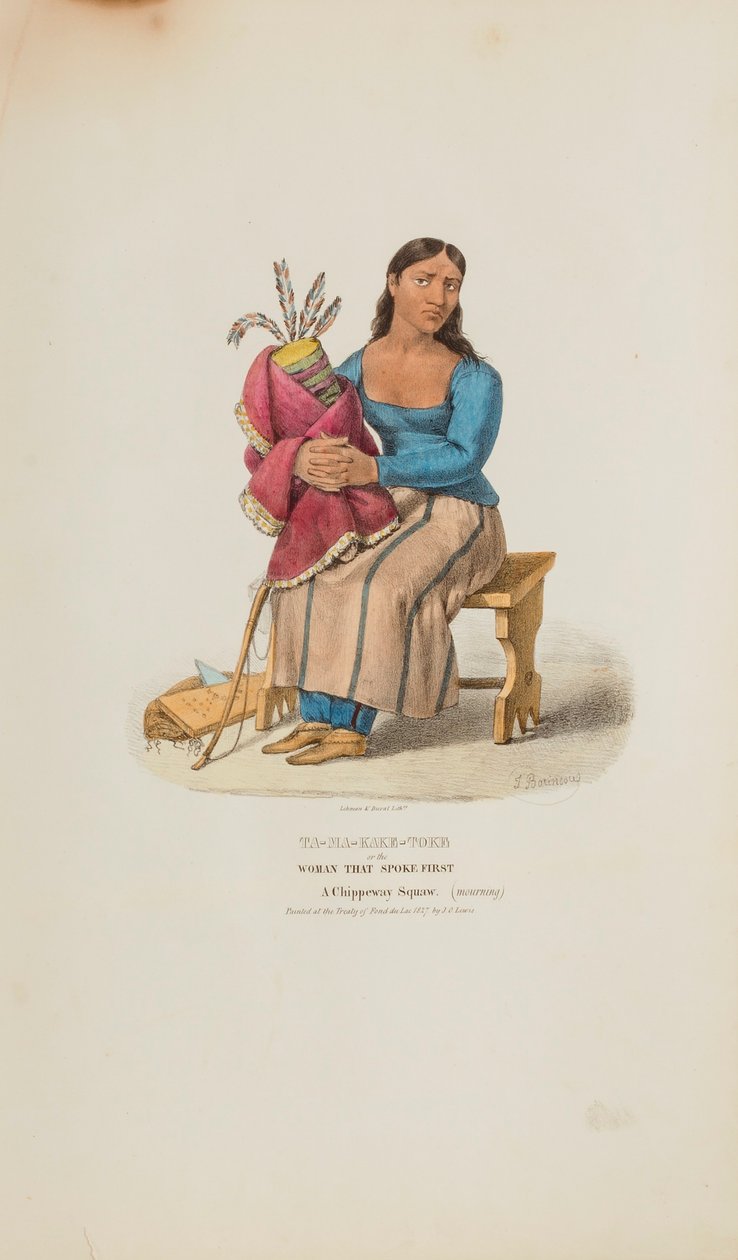 TA-MA-KAKE-TOKE of de vrouw die het eerst sprak; een Chippeway-vrouw (rouwend), uit de Aboriginal Portfolio door Lewis, James Otto