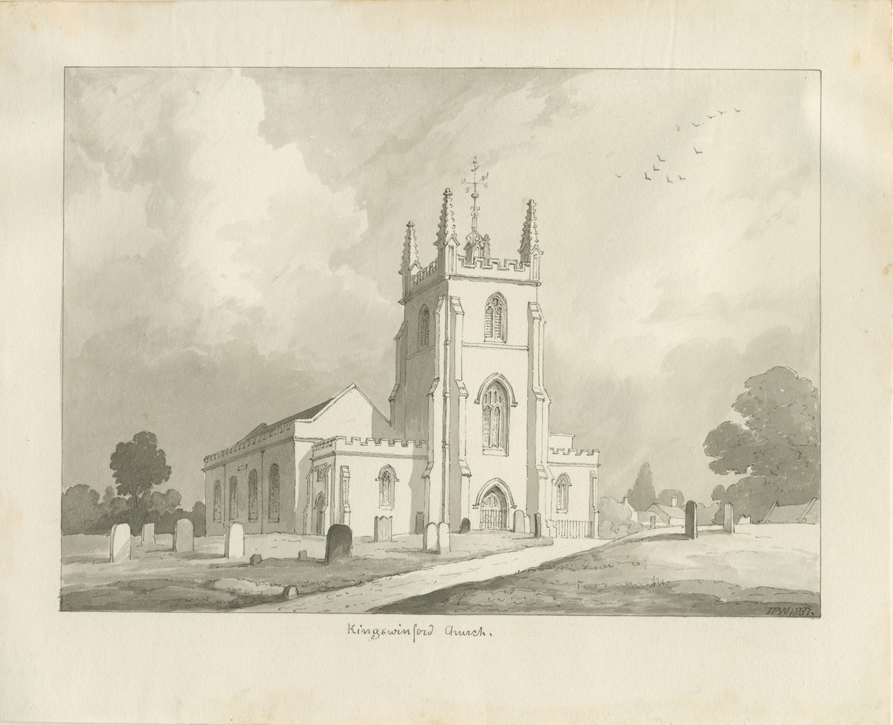 Kingswinford Kerk: sepia tekening, 1837 door Lewis John Wood