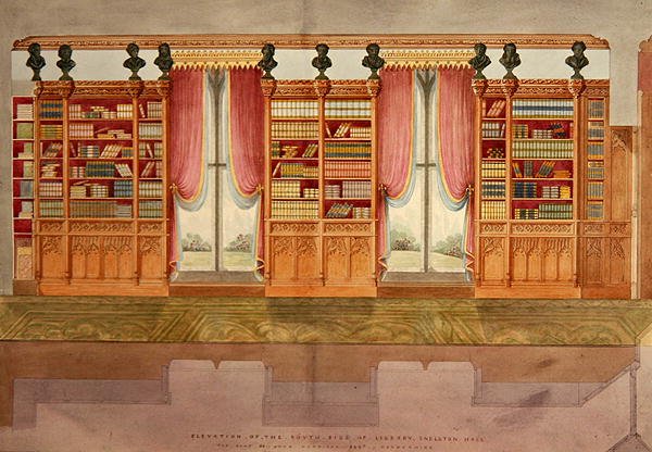 Elevatie van de zuidkant bibliotheek, Snelston Hall, Derbyshire door Lewis Nockalls Cottingham