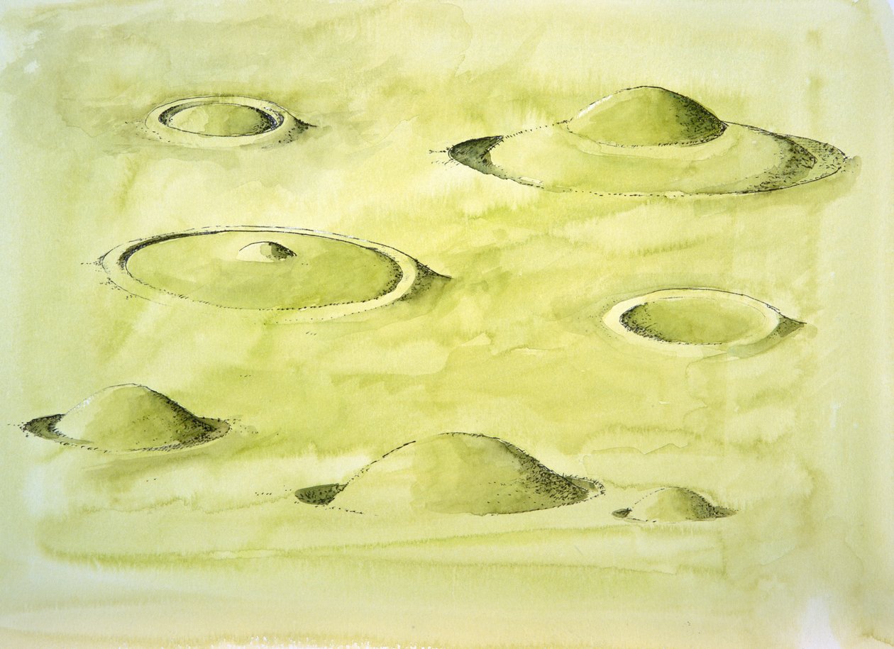 Typen grafheuvels uit de bronstijd (aquarel op papier) door Liam Wales