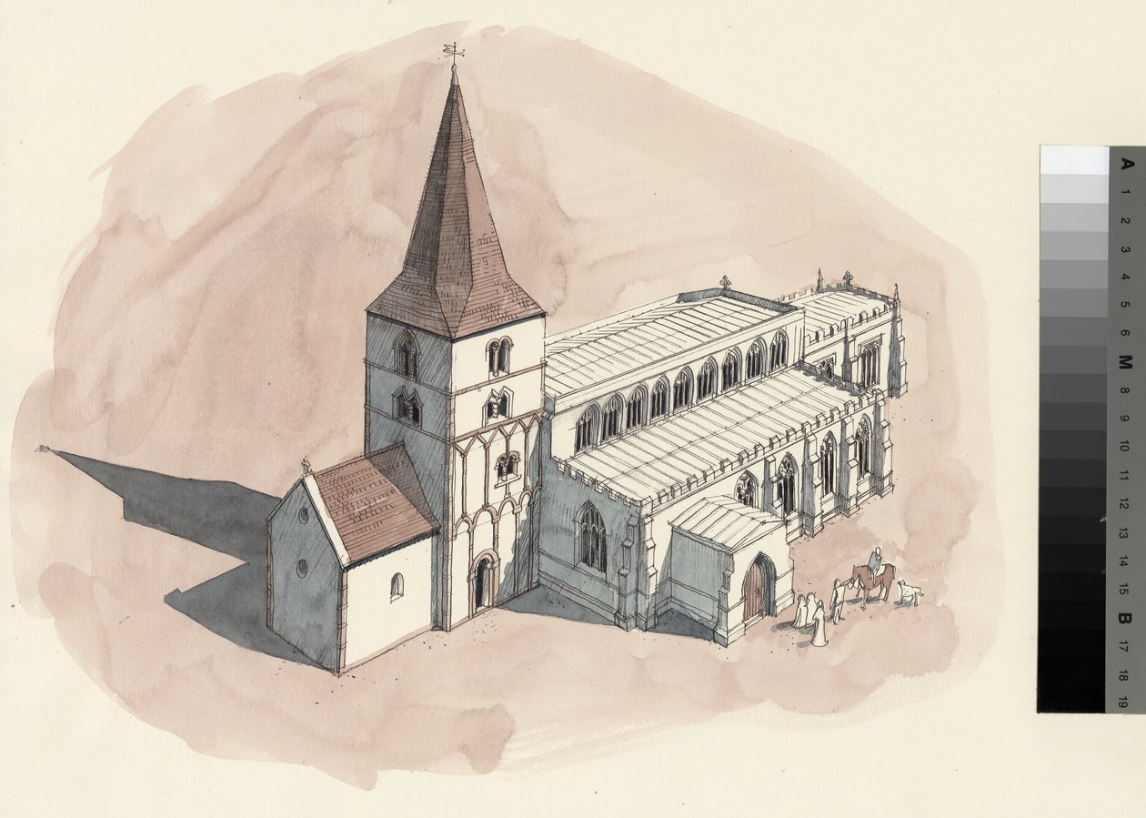 Reconstructietekening van de Sint-Pieterskerk in de 15e eeuw (aquarel op papier) door Liam Wales