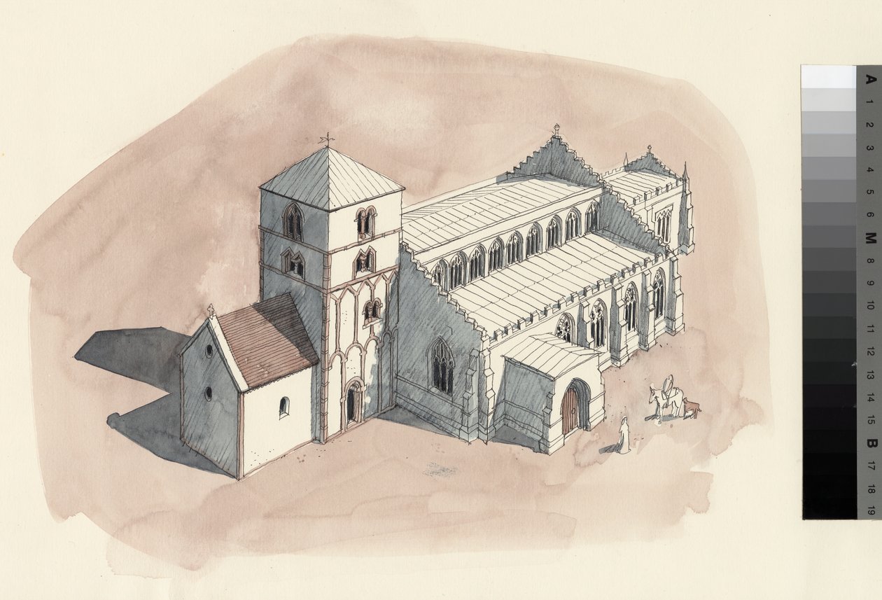 Reconstructietekening van de Sint-Pieterskerk tijdens de 18e eeuw (aquarel op papier) door Liam Wales