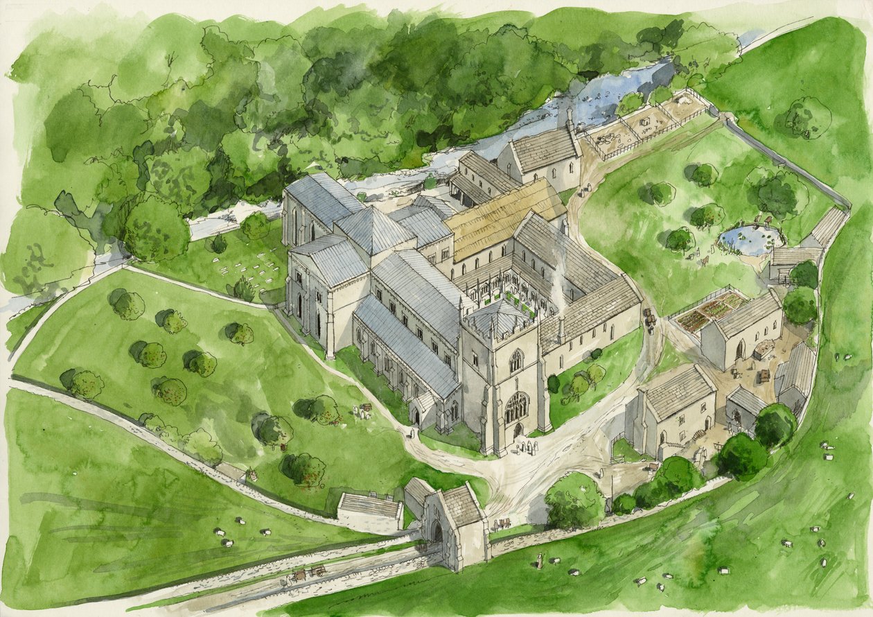 Reconstructie van de abdij van Shap in de jaren 1530 (aquarel op papier) door Liam Wales