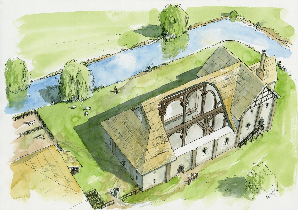 Reconstructie van kasteel Weeting (aquarel op papier) door Liam Wales