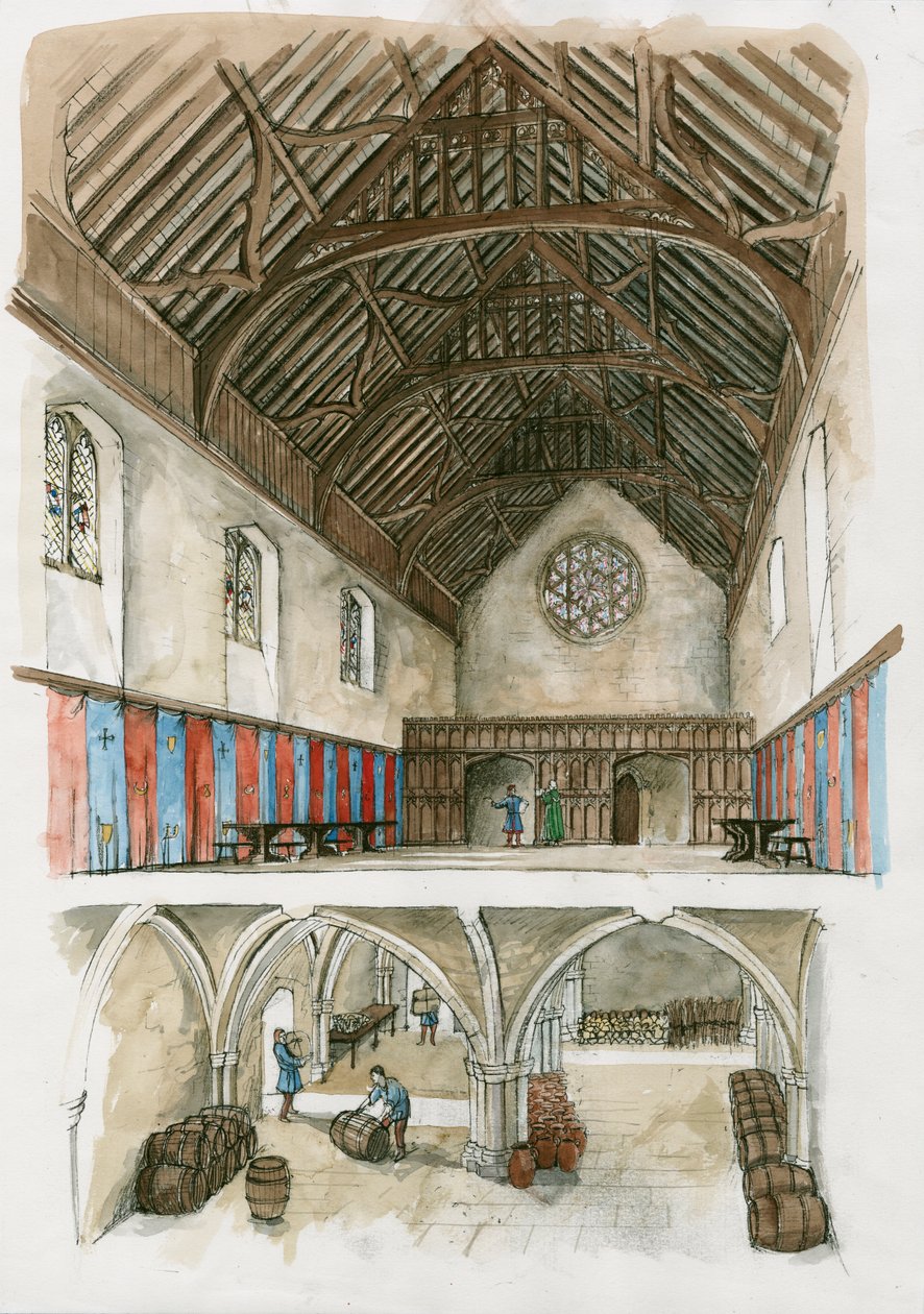 Reconstructie van Winchester Palace uit de middeleeuwen (aquarel op papier) door Liam Wales