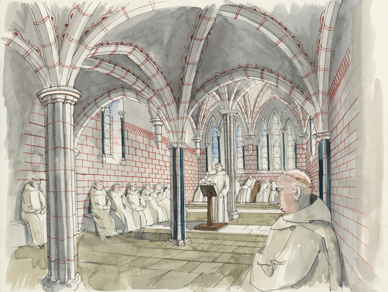 Reconstructie van de kapittelzaal van de abdij van Shap rond 1530 (aquarel op papier) door Liam Wales