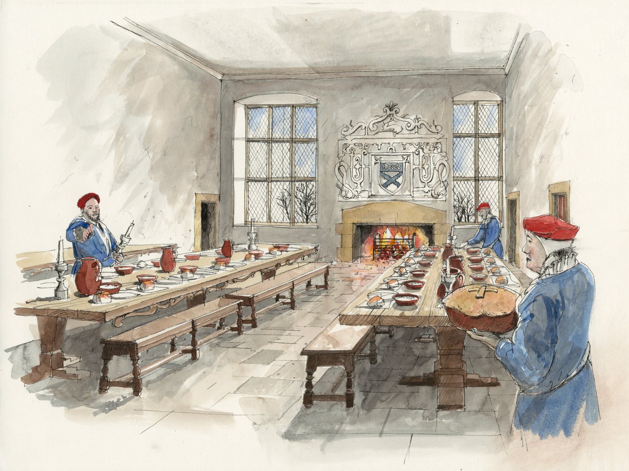 Reconstructie van de Grote Zaal van Hardwick Old Hall in 1601 (aquarel op papier) door Liam Wales