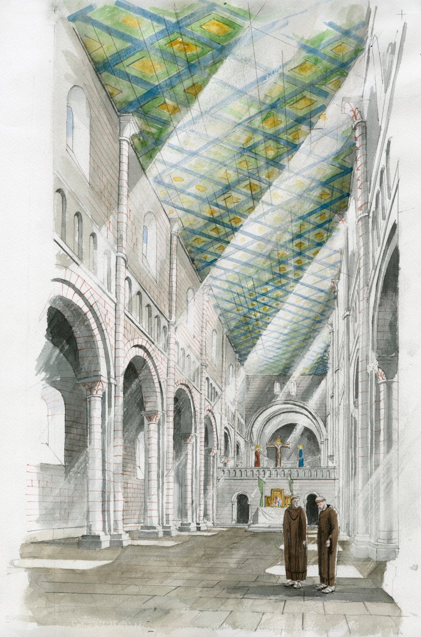 Reconstructie van het interieur van de kerk van Old Sarum (aquarel op papier) door Liam Wales