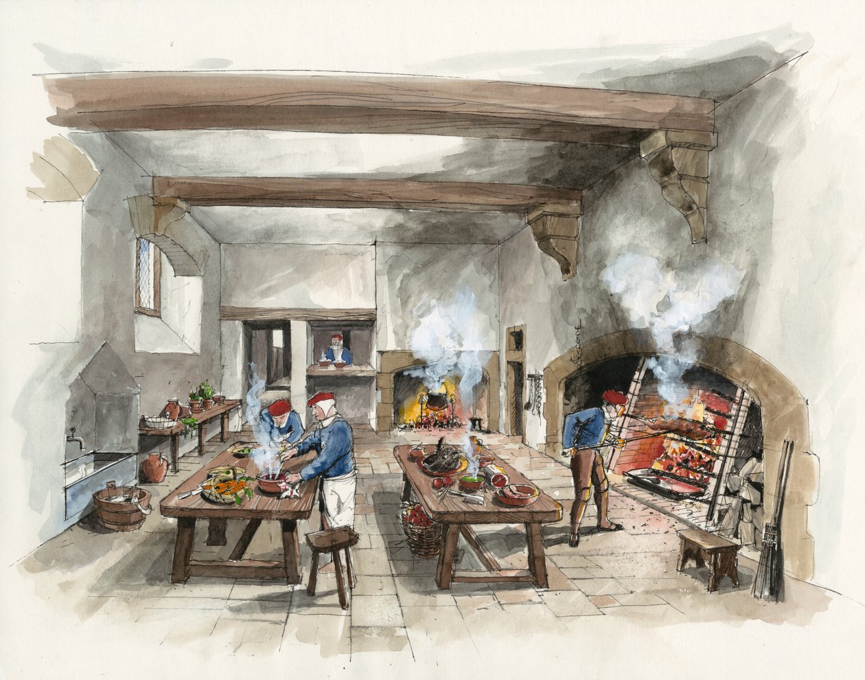 Reconstructie van de keuken van Hardwick Old Hall in 1601 (aquarel op papier) door Liam Wales