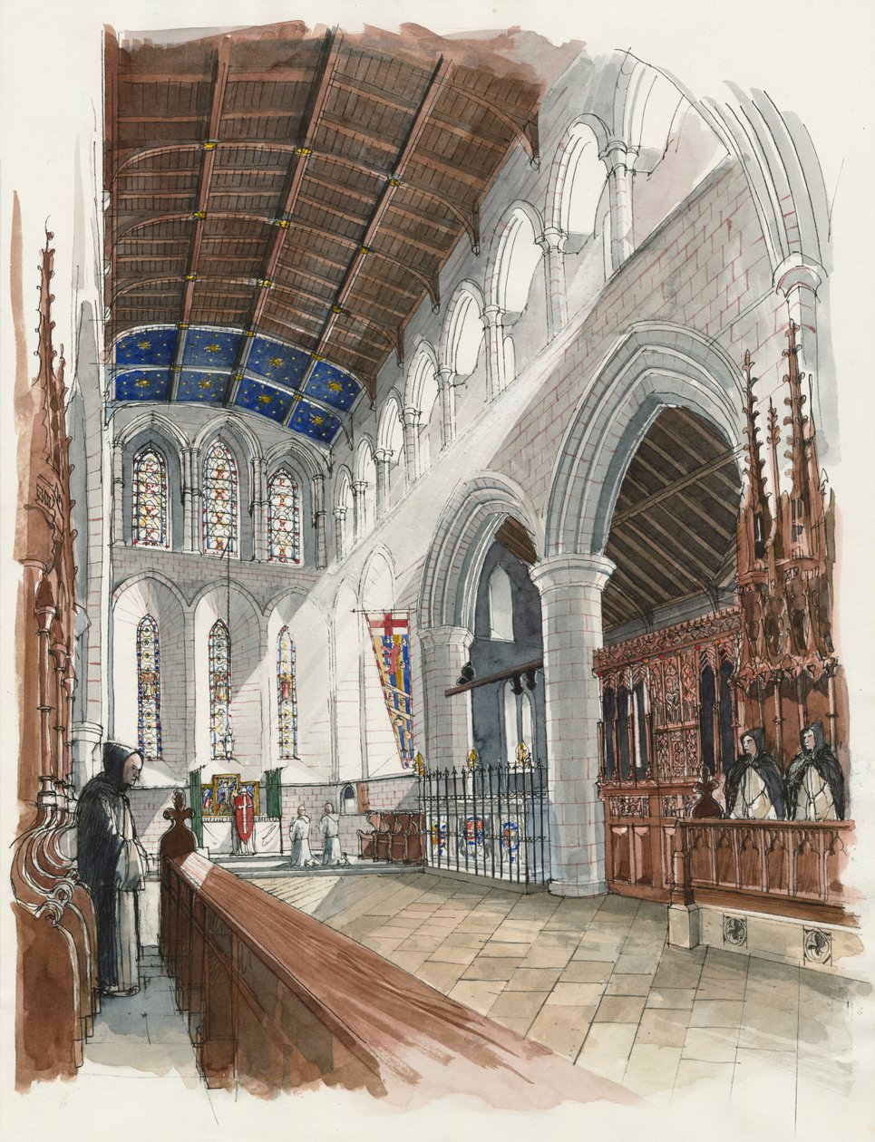 Reconstructie van het priesterkoor van Lanercost (aquarel op papier) door Liam Wales