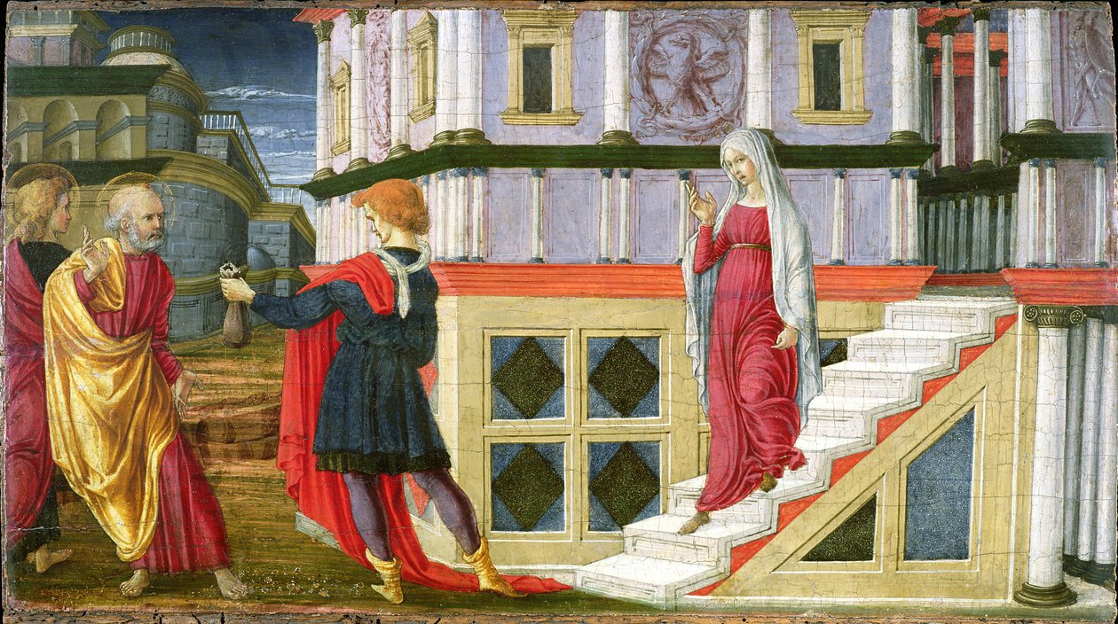 Simon Magus biedt St. Peter geld aan, 1470-75 door Liberale da Verona