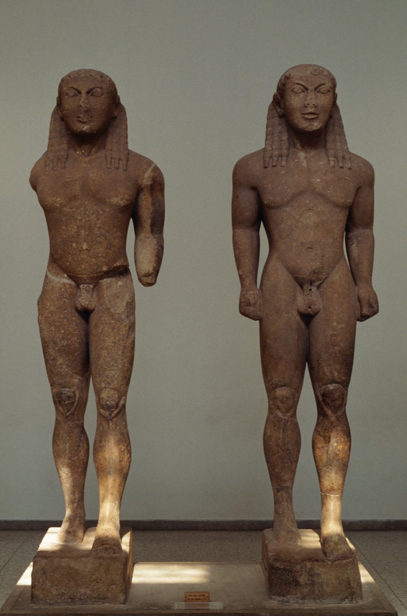 Kleobis en Biton, ca. 610-590 v.Chr., Parische marmeren beelden, door Polymedes van Argos, opgedragen aan Delphi door de stad Argos, Griekenland, Griekse beschaving, 7e-6e eeuw v.Chr. door Unbekannt Unbekannt