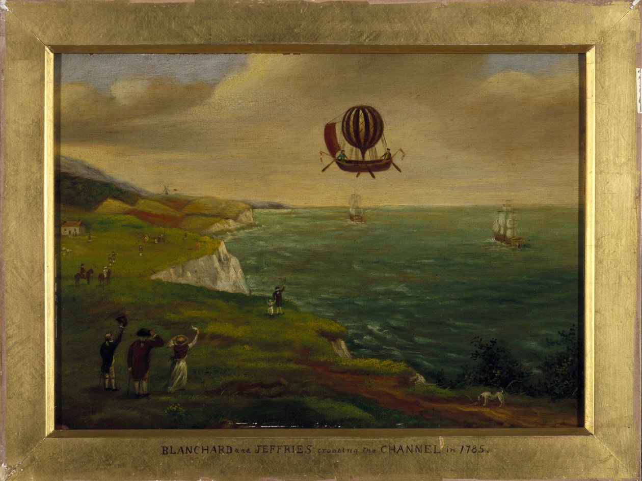 De uitvinder Jean Pierre Blanchard en de Amerikaanse wetenschapper John Jeffries steken het Kanaal over in een vliegmachine, 7/01/1785 door Unbekannt Unbekannt