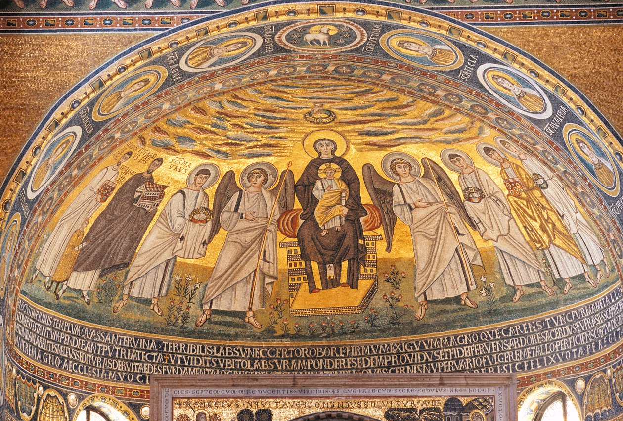 Madonna en Kind tussen engelen en heiligen, mozaïek in de apsis van de Euphrasius-basiliek, Porec, Istrië, Kroatië, 6e eeuw door Unbekannt Unbekannt