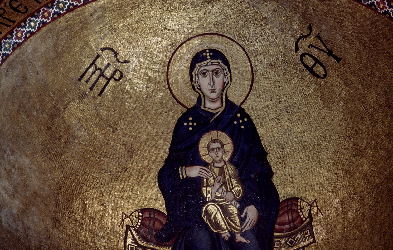 Mozaïek van de Maagd Maria van binnen Hosios Loukas Klooster, Griekenland, gesticht in het begin van de 10e eeuw door Unbekannt Unbekannt