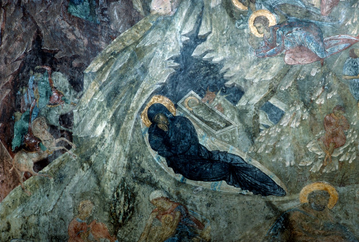 Geboorte, fresco in het klooster van Panagia Perivleptos, Byzantijnse stad Mystras door Unbekannt Unbekannt