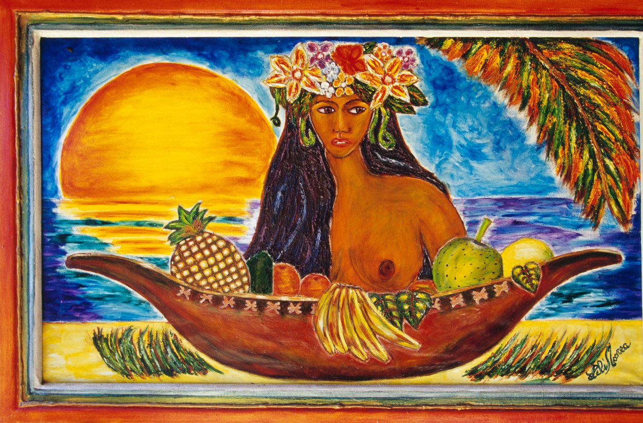 Geschilderd glas met Polynesische vrouw, eiland Moorea, Genootschapseilanden, Frans-Polynesië (overzees gebiedsdeel van de Franse Republiek), detail door Unbekannt Unbekannt