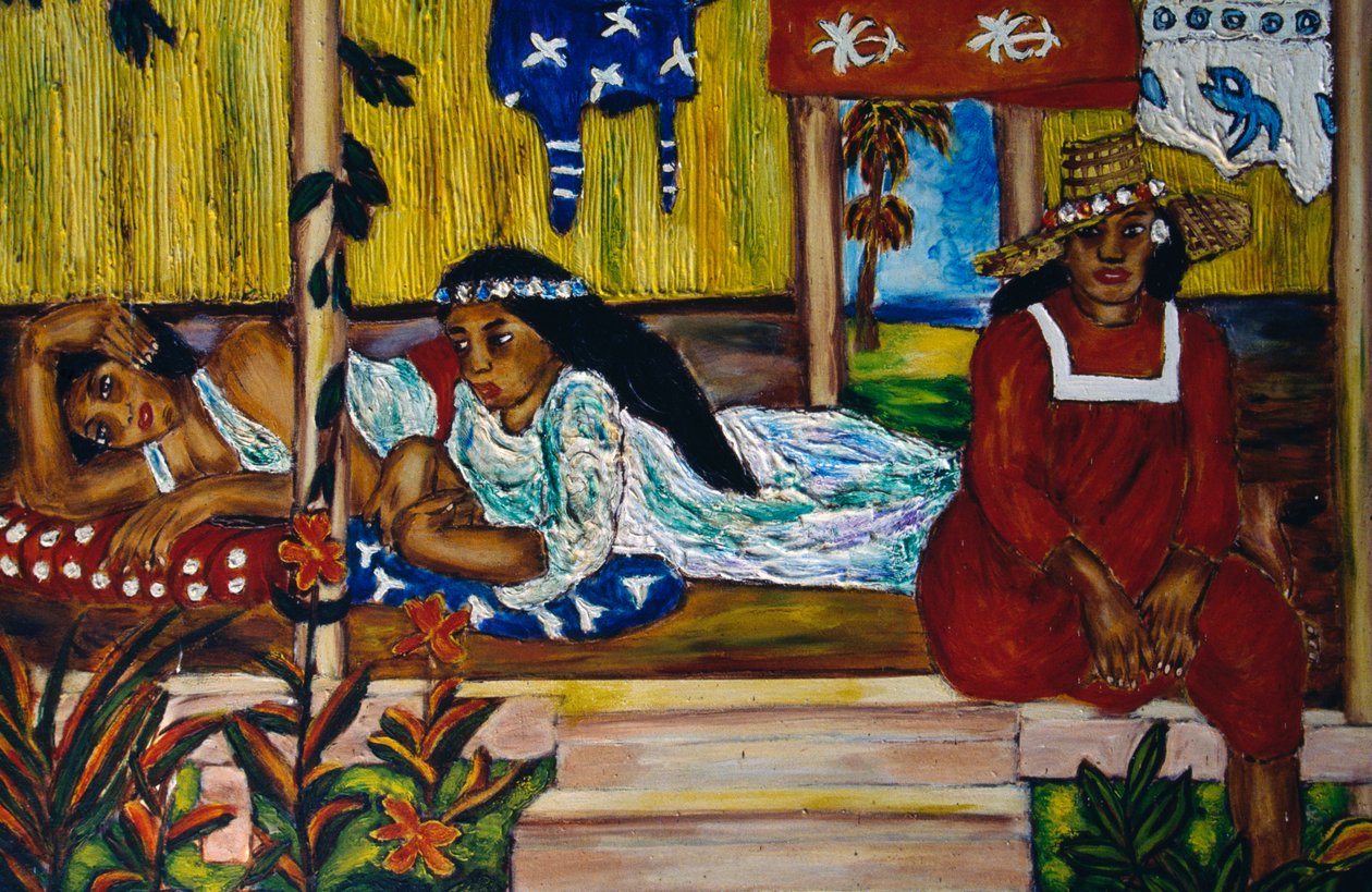 Polynesische vrouwen, glas-in-loodraam, Moorea-eiland, Genootschapseilanden, Frans-Polynesië, overzees gebied van de Franse Republiek door Unbekannt Unbekannt