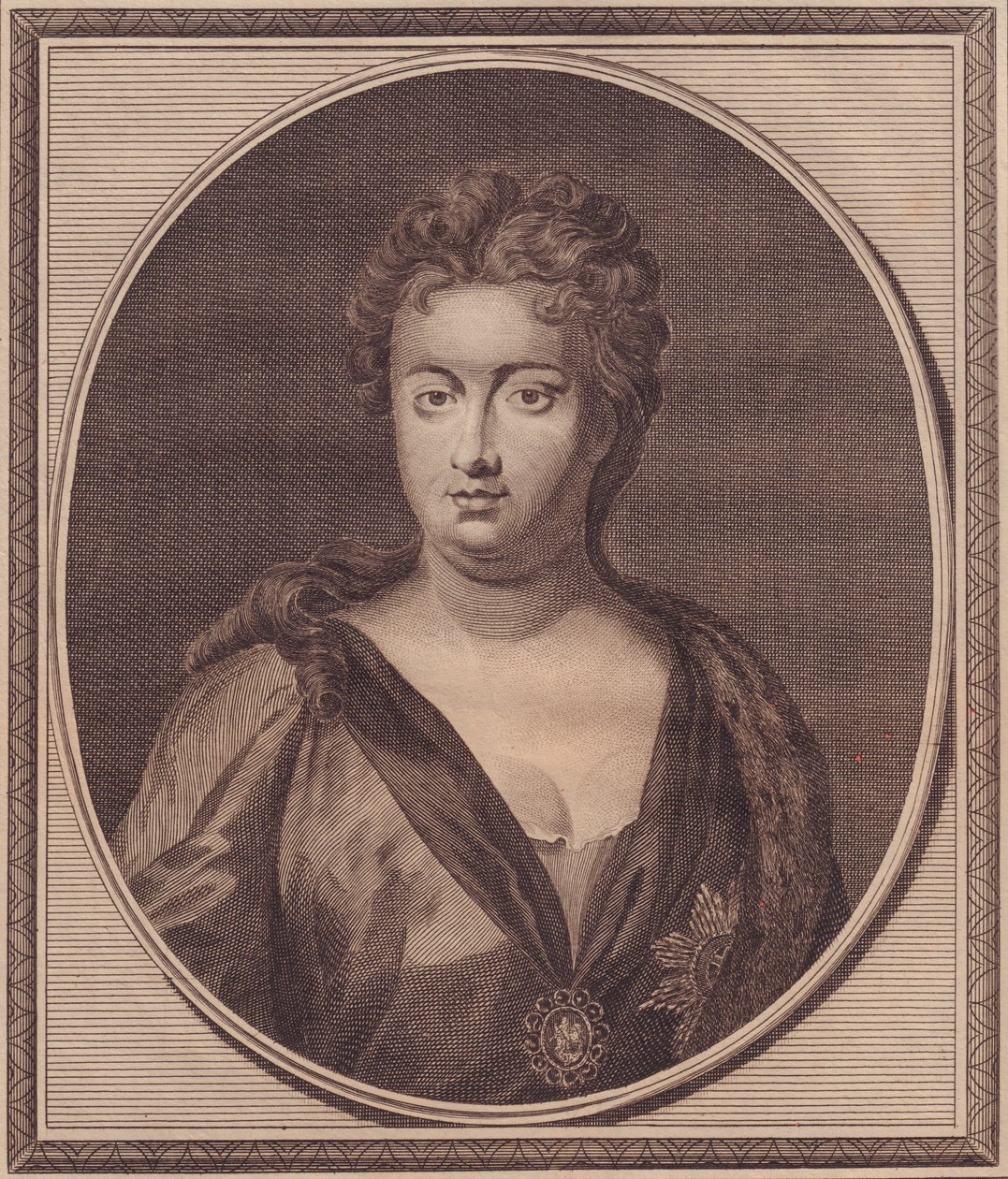 Portret van Anne Stuart, Koningin van Groot-Brittannië (1665-1714), kopergravure door John Goldar (1729-1795) naar schilderij van G Kneller door Unbekannt Unbekannt