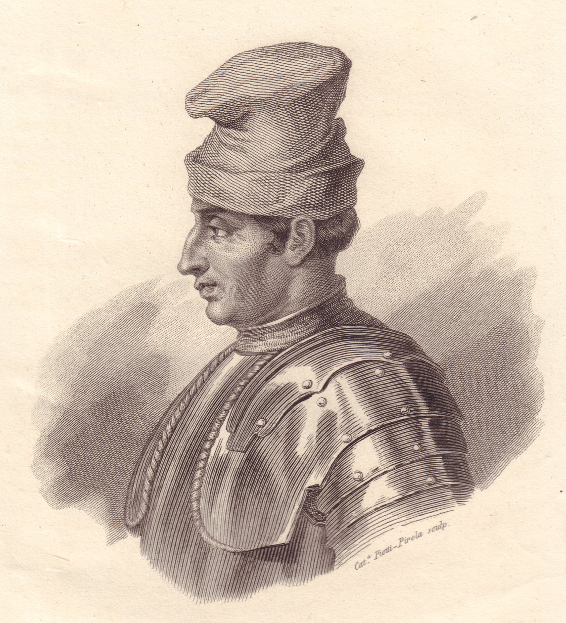 Portret van Italiaanse militaire leider Niccolo Fortebraccio ook bekend als della Stella, kopergravure door Caterina Piotti-Pirola door Unbekannt Unbekannt