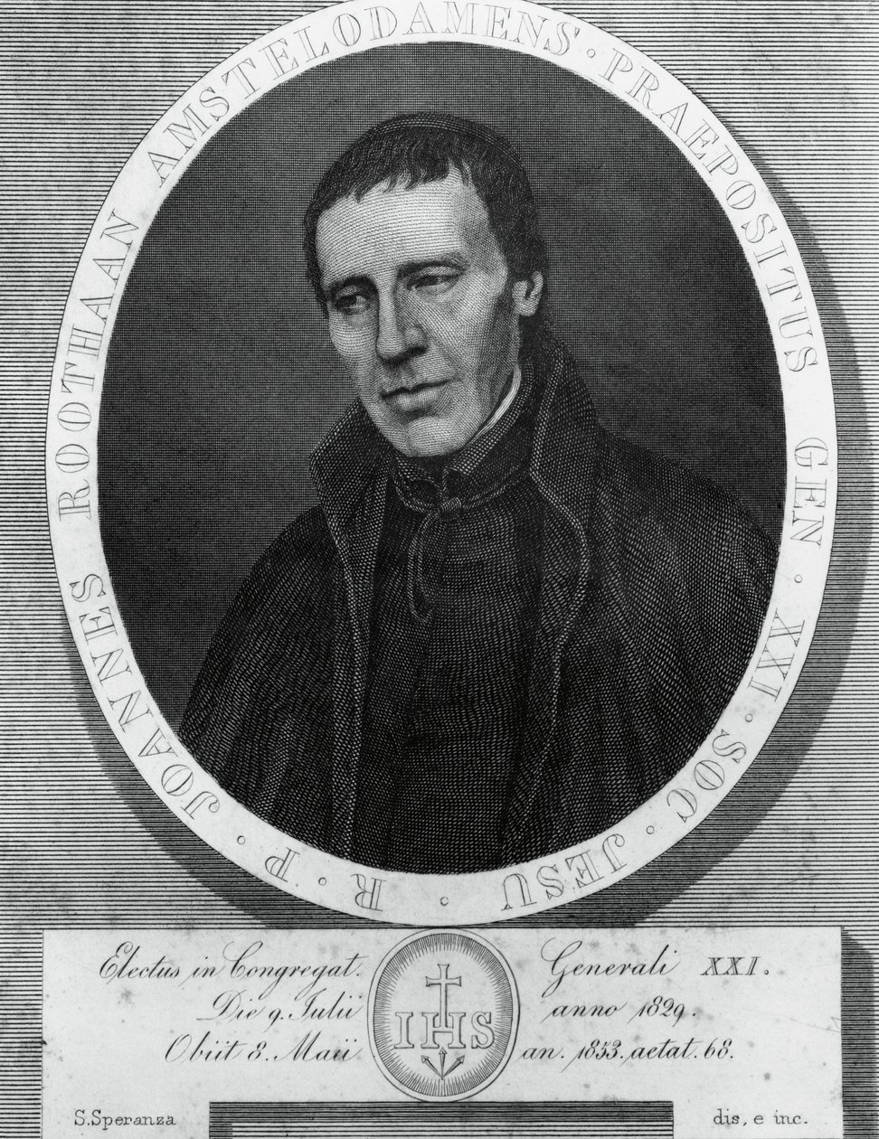Portret van Jan Philipp Roothaan (1785-1853), Nederlandse jezuïet en 21e generaal-overste van de Sociëteit van Jezus, tekening en gravure door Serafino Speranza (1862-1911) naar schilderij door Frans Quartier door Unbekannt Unbekannt