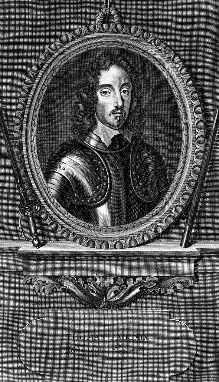 Portret van Thomas Fairfax, 3e Lord Fairfax van Cameron (1612-1671), Engelse generaal en parlementaire opperbevelhebber tijdens de Engelse Burgeroorlog, gravure door Unbekannt Unbekannt