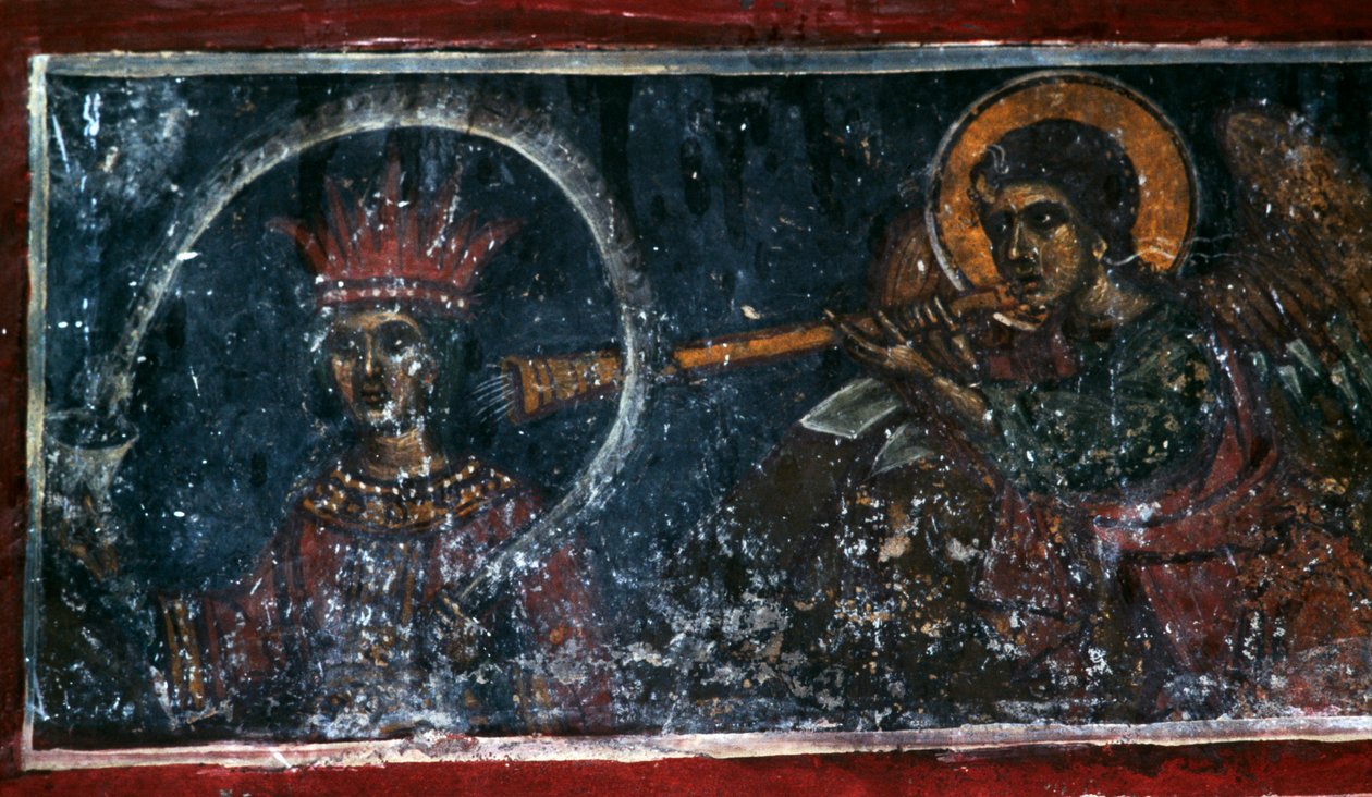 Heilige die de hoorn bespeelt, fresco in de kerk van Agios Ioannis Prodromos, Margarites, Kreta, Griekenland door Unbekannt Unbekannt