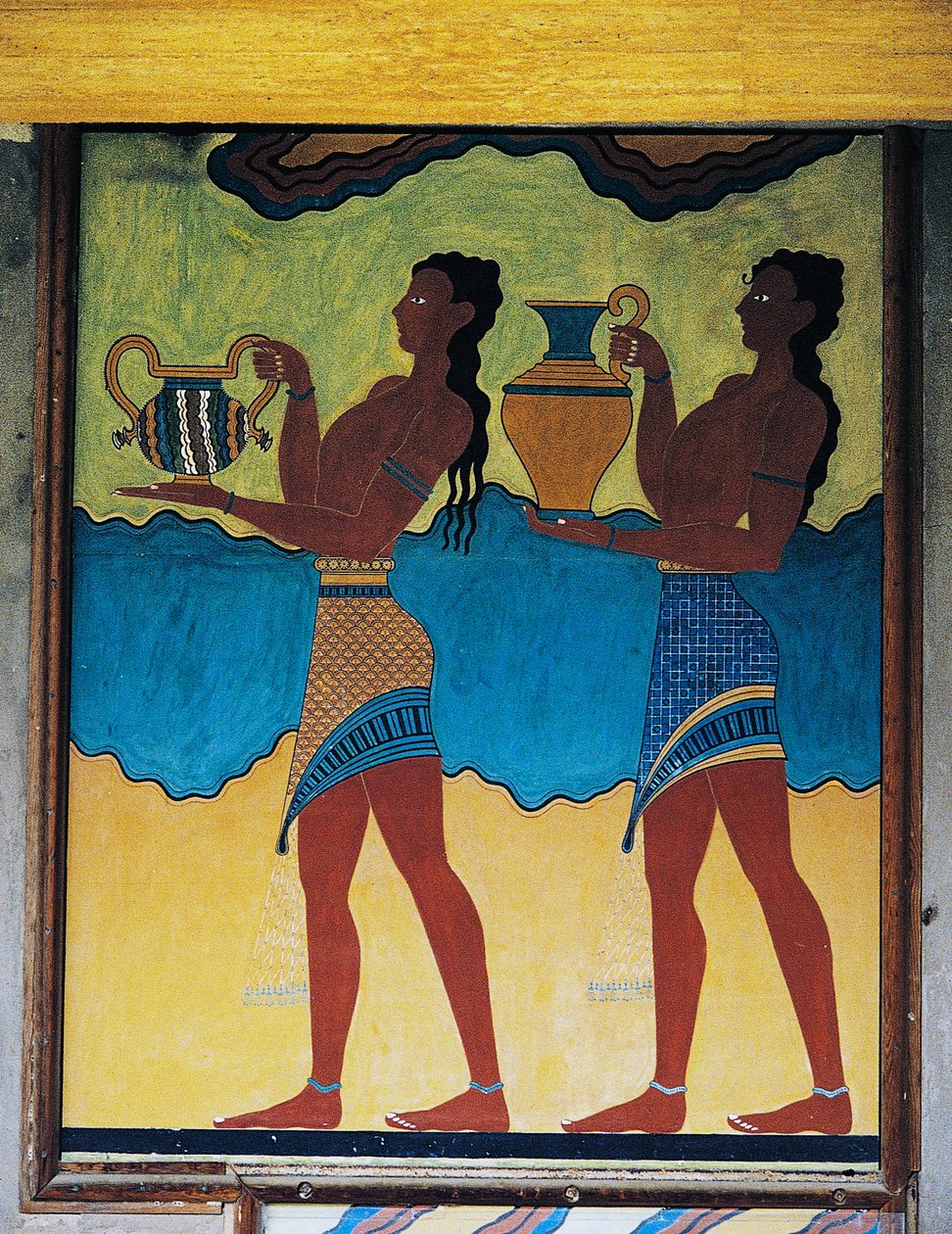 Dienaren dragen vazen, fresco in Paleis van Knossos, Kreta, Griekenland, Minoïsche beschaving door Unbekannt Unbekannt