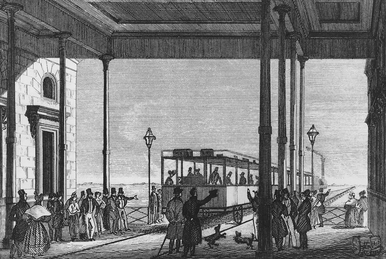Trein vertrekt van Venezia Santa Lucia treinstation, Venetië, Italië, gravure door Unbekannt Unbekannt