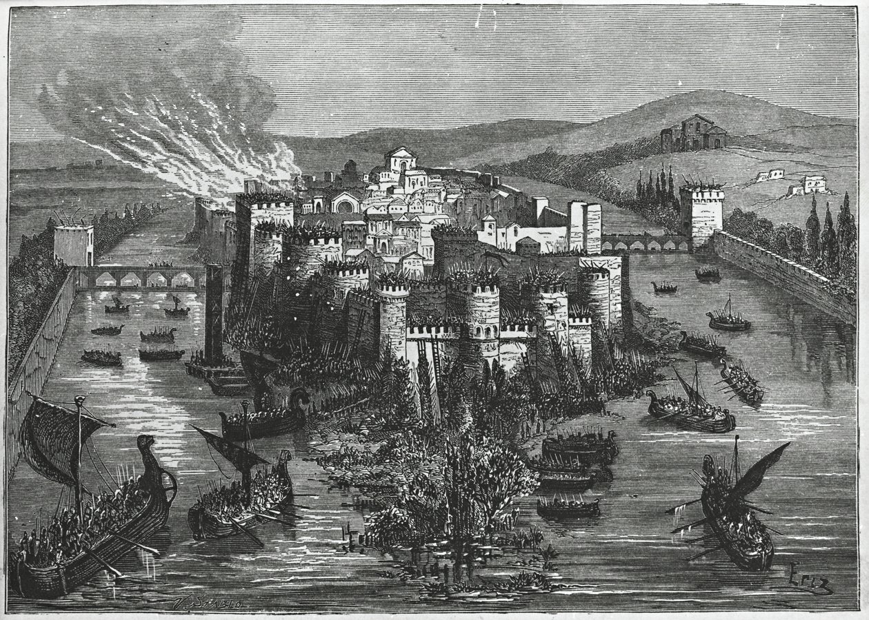 Vikingen belegeren Parijs in 845 (gravure) door Unbekannt Unbekannt