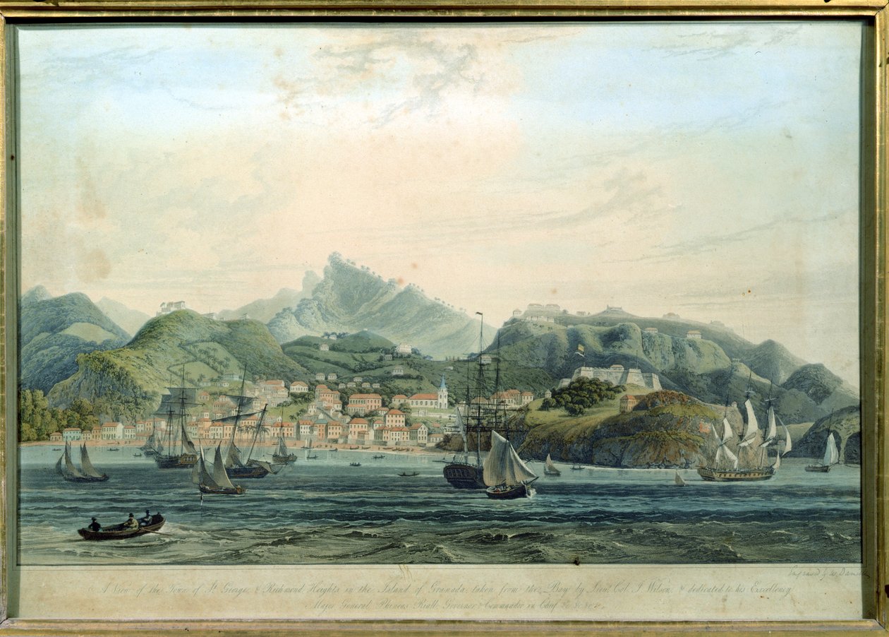 Een uitzicht op de stad St. George en Richmond Heights op het eiland Grenada, gegraveerd door William Daniell door Lieutenant Colonel J. Wilson