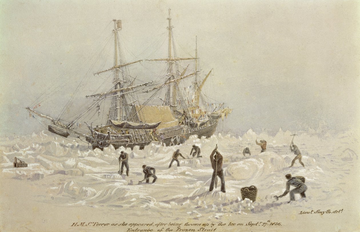 Incidenten tijdens een handelsreis: HMS Terror zoals zij verscheen na door het ijs te zijn opgeworpen in Frozen Channel, 27 september 1836 door Lieutenant Smyth