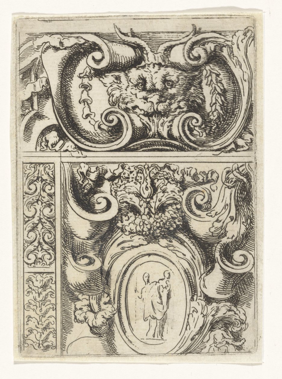 Cartouche met dierenkop en daaronder een cartouche met Madonna met kind door Lieven Mehus