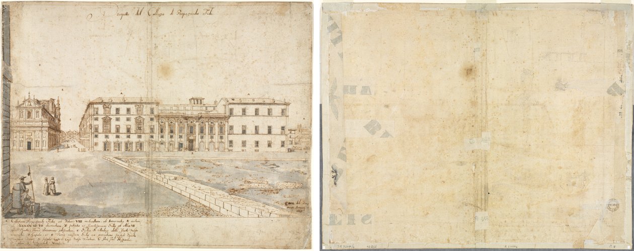 Achttien uitzichten van Rome: Het Collegio di Propaganda Fide (recto); Schetsen van ramen en pilasters van de zolderverdieping van het Collegio di Propaganda Fide (verso) door Lievin Cruyl