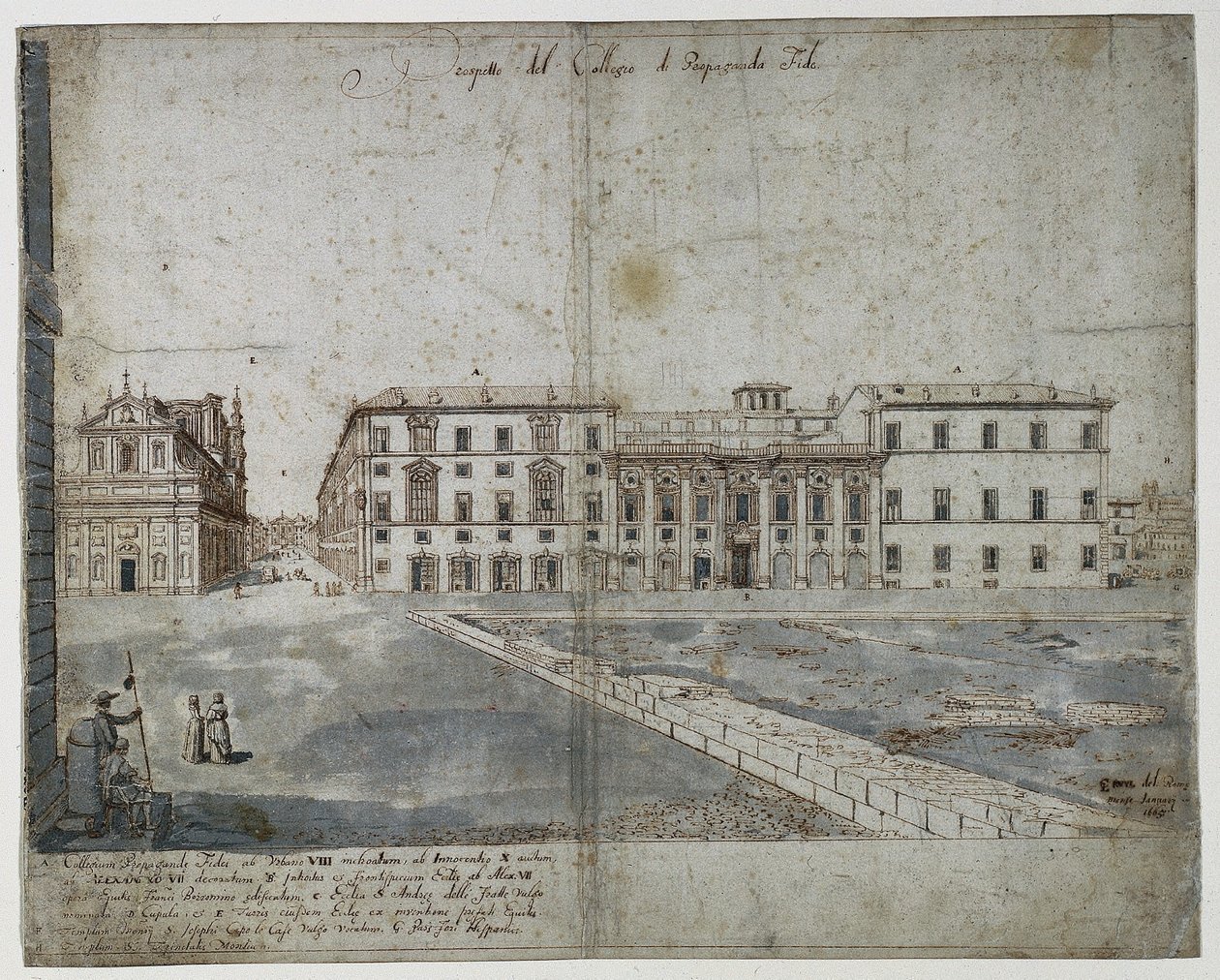 Achttien Zichten van Rome: Het Collegio di Propaganda Fide recto, 1665 door Lievin Cruyl