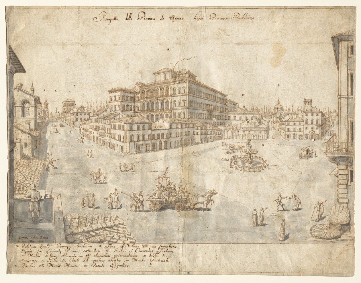 Achttien uitzichten van Rome: De Piazza Barberini (recto) door Lievin Cruyl