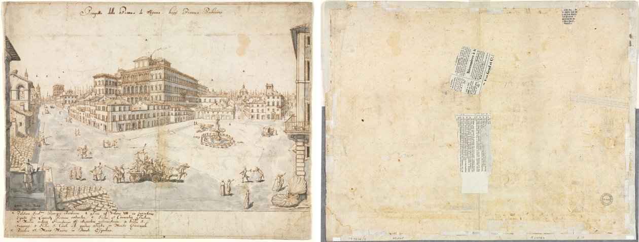 Achttien Zichten van Rome: De Piazza Barberini (recto); Tracering van een Fontein van Recto en Schetsen van Twee Gezichten (verso) door Lievin Cruyl