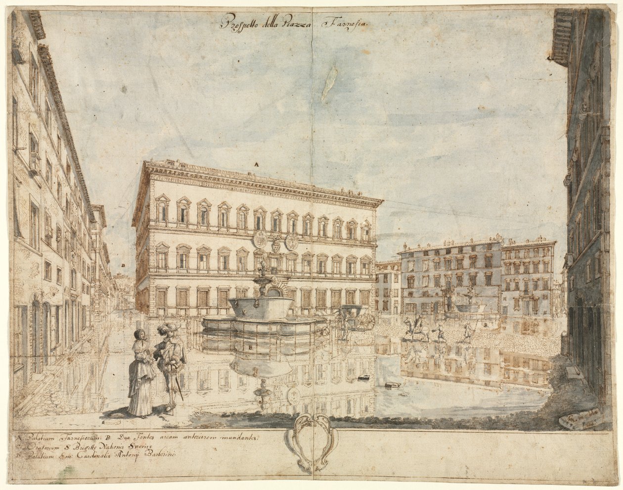 Achttien Zichten van Rome: Het Piazza Farnese recto, 1664 door Lievin Cruyl