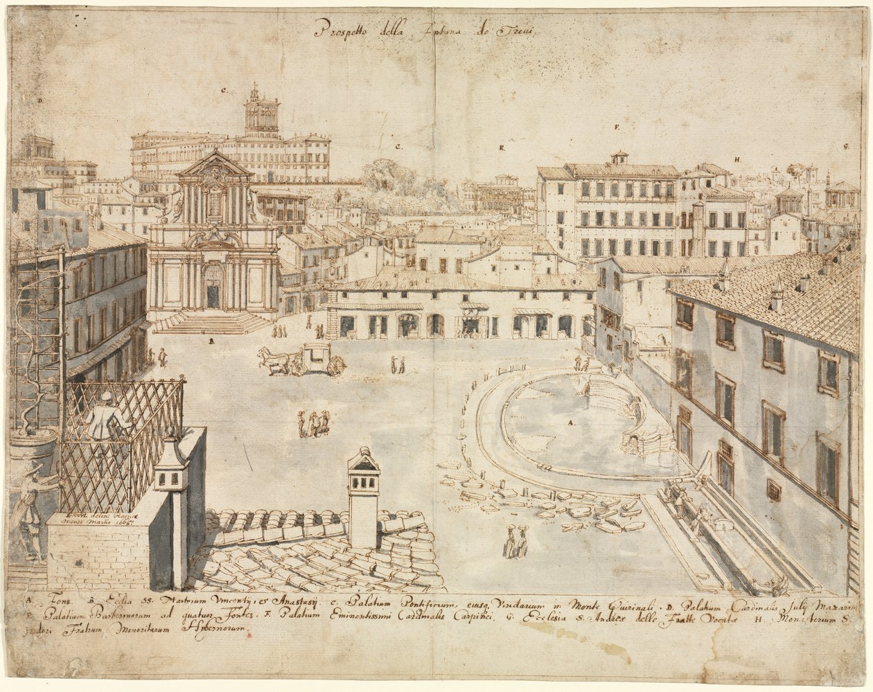 Achttien Zichten van Rome: De Trevifontein, 1665 door Lievin Cruyl