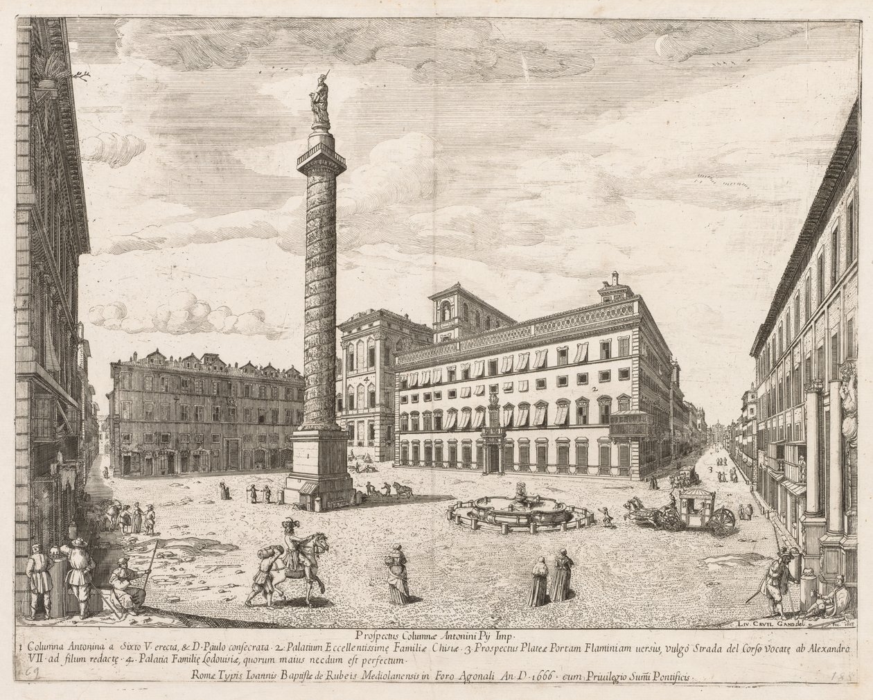 Piazza Colonna uit "Prospectus Locurum Urbis Romae Insign[ium]" door Lievin Cruyl