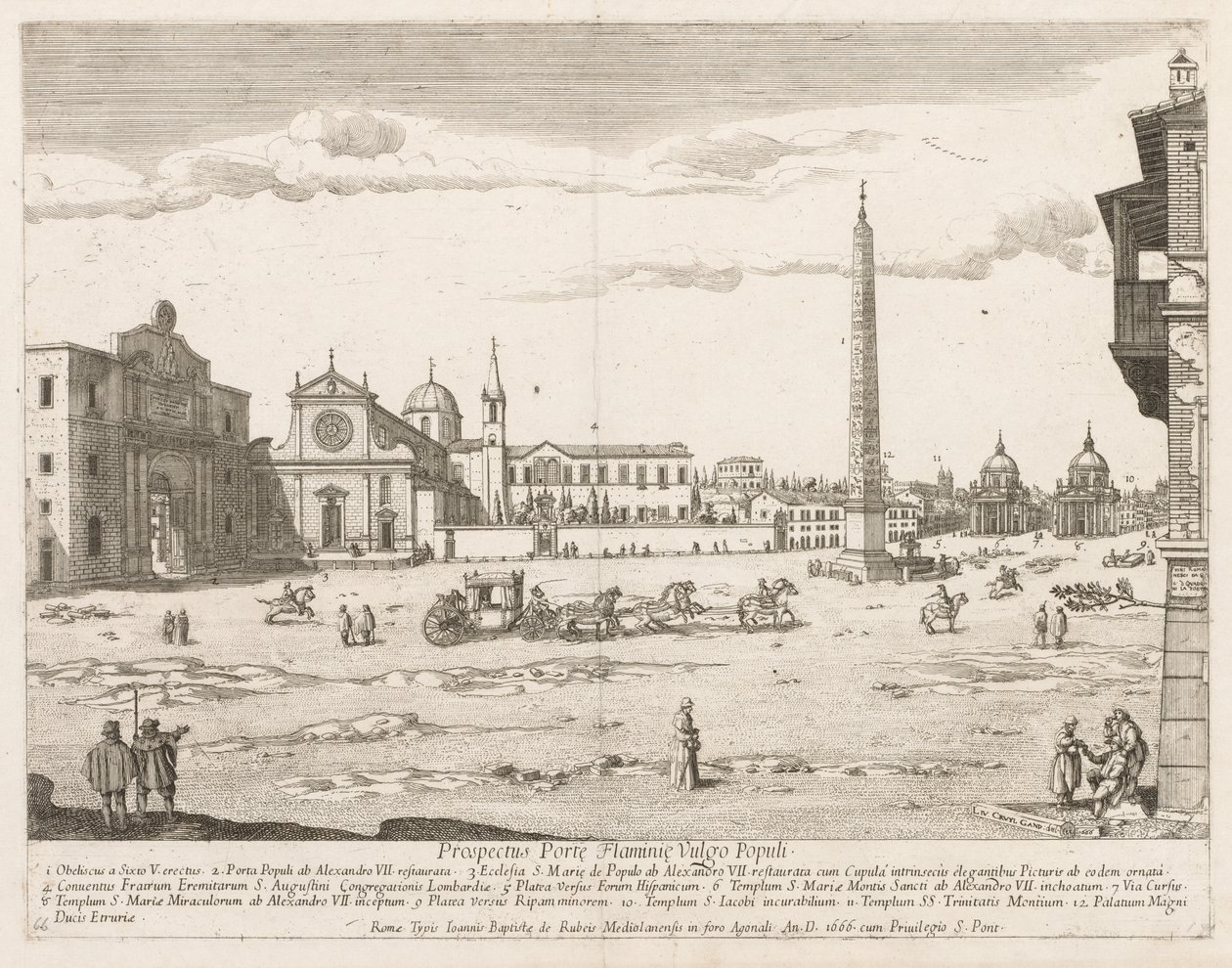 Piazza del Popolo uit "Prospectus Locurum Urbis Romae Insign[ium]" door Lievin Cruyl