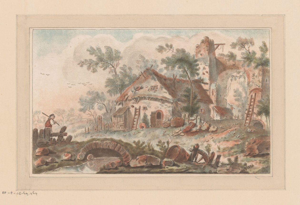Huis voor een bouwvallig stadspoort, met op de voorgrond een man op een brug door Liger (attributed to)