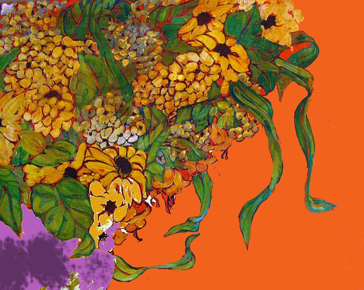 Bloemen in mijn vaas, 2014 (gemengd, acryl, inkt, olie) door linda arthurs