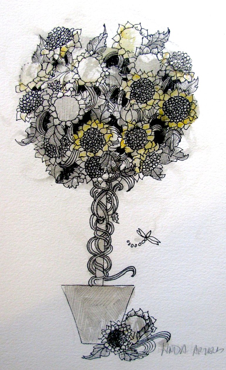 Zonnebloemschikking, 2015 (pen en inkt) door linda arthurs