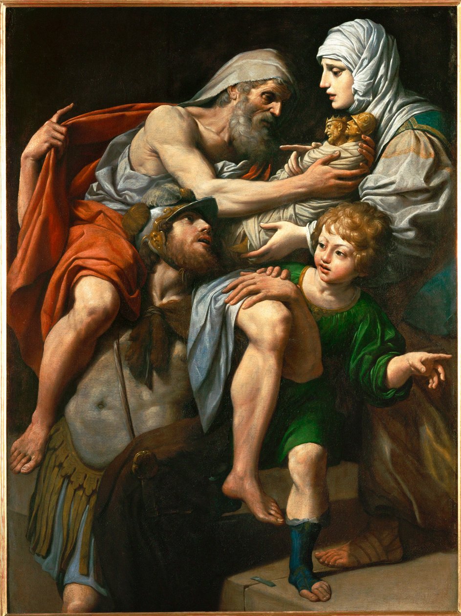 Enee et Anchise - Aeneas en Anchises. Aeneas draagt zijn vader Anchises uit het brandende Troje ... door Lionello Spada
