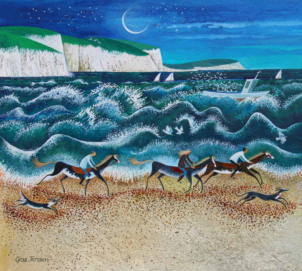 Midnight Riders, 2020 (acrylverf op papier) door Lisa Graa Jensen