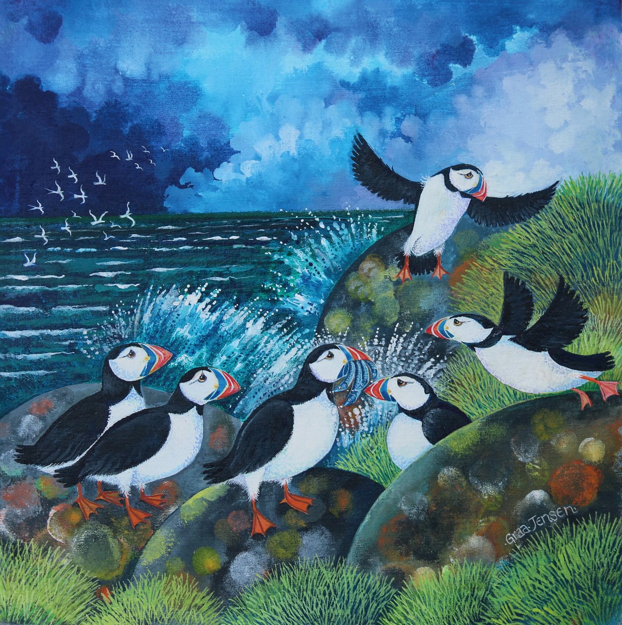 Papegaaien van de zee, 2024 (acrylverf op linnen) door Lisa Graa Jensen
