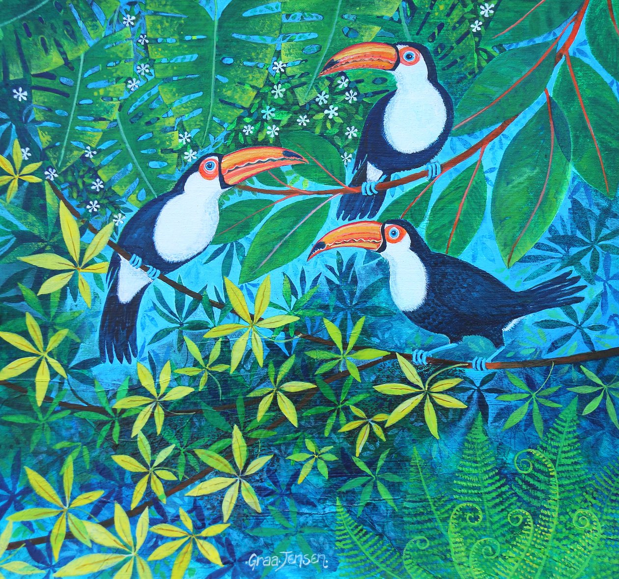 Toekanentrio, 2024 (acrylverf op linnen) door Lisa Graa Jensen