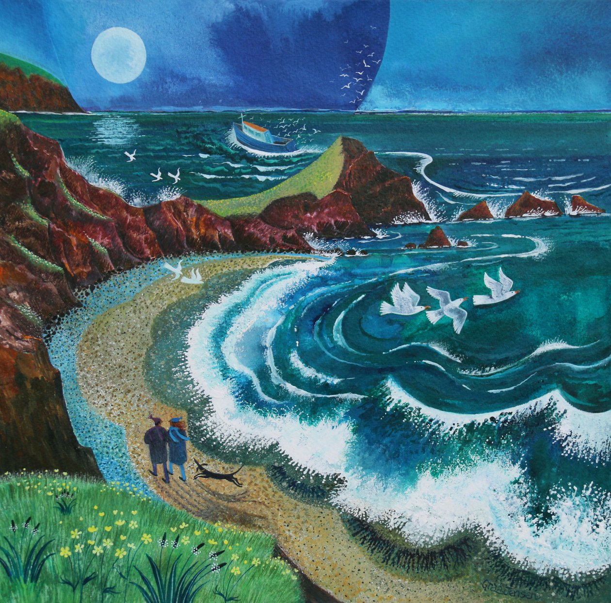 Wandelaars bij Hartland Bay, 2019 (acrylverf op papier) door Lisa Graa Jensen