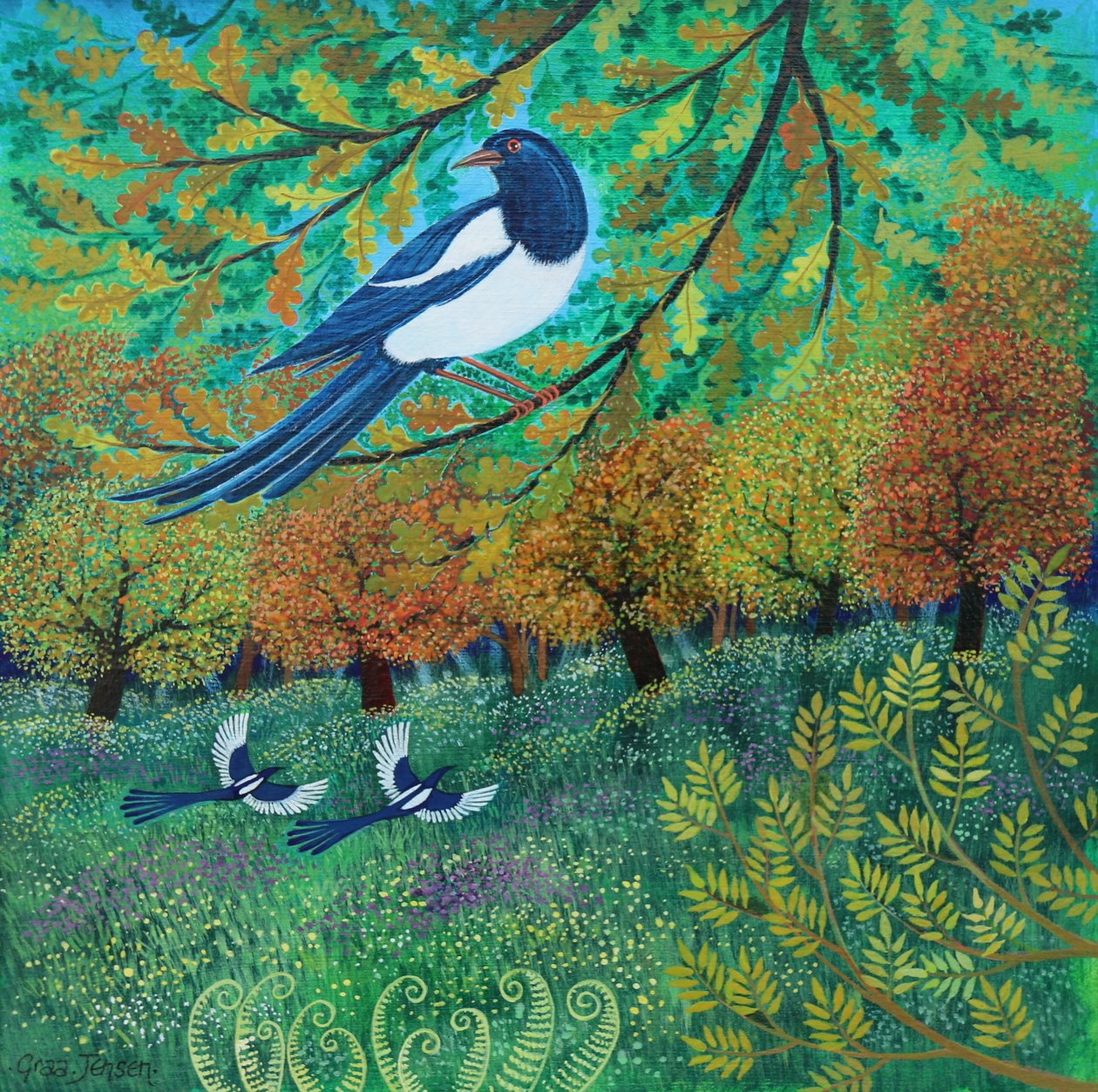 Jaar van de ekster, 2025 (acryl op linnen) door Lisa Graa Jensen